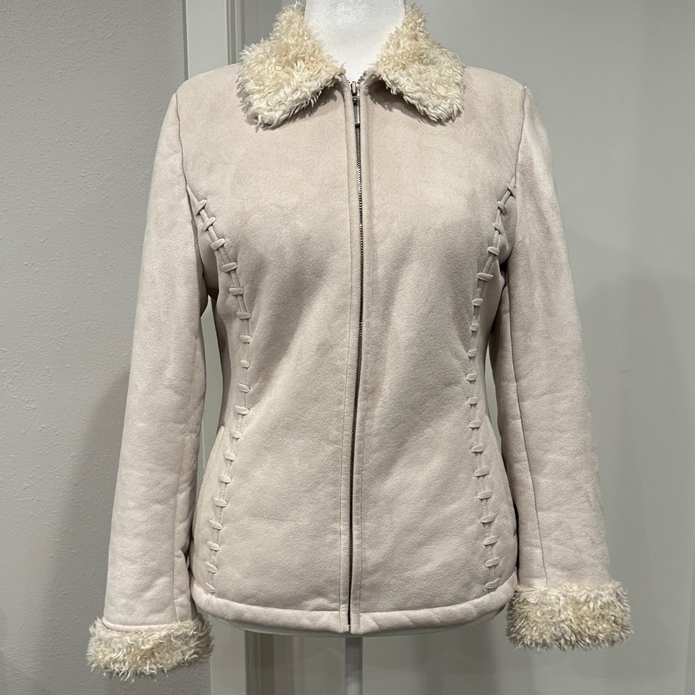 Croft & Barrow Faux Suede Shearling Jacket Cream Whipstitch Detail Size M - Picture 3 of 12